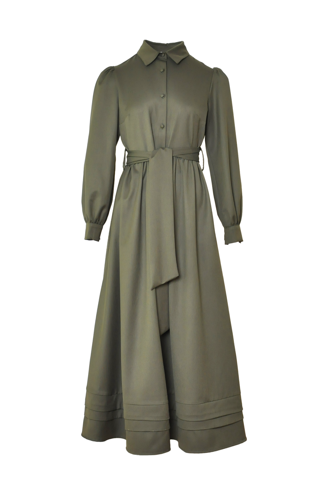 Belted dress with pintuck hem olive