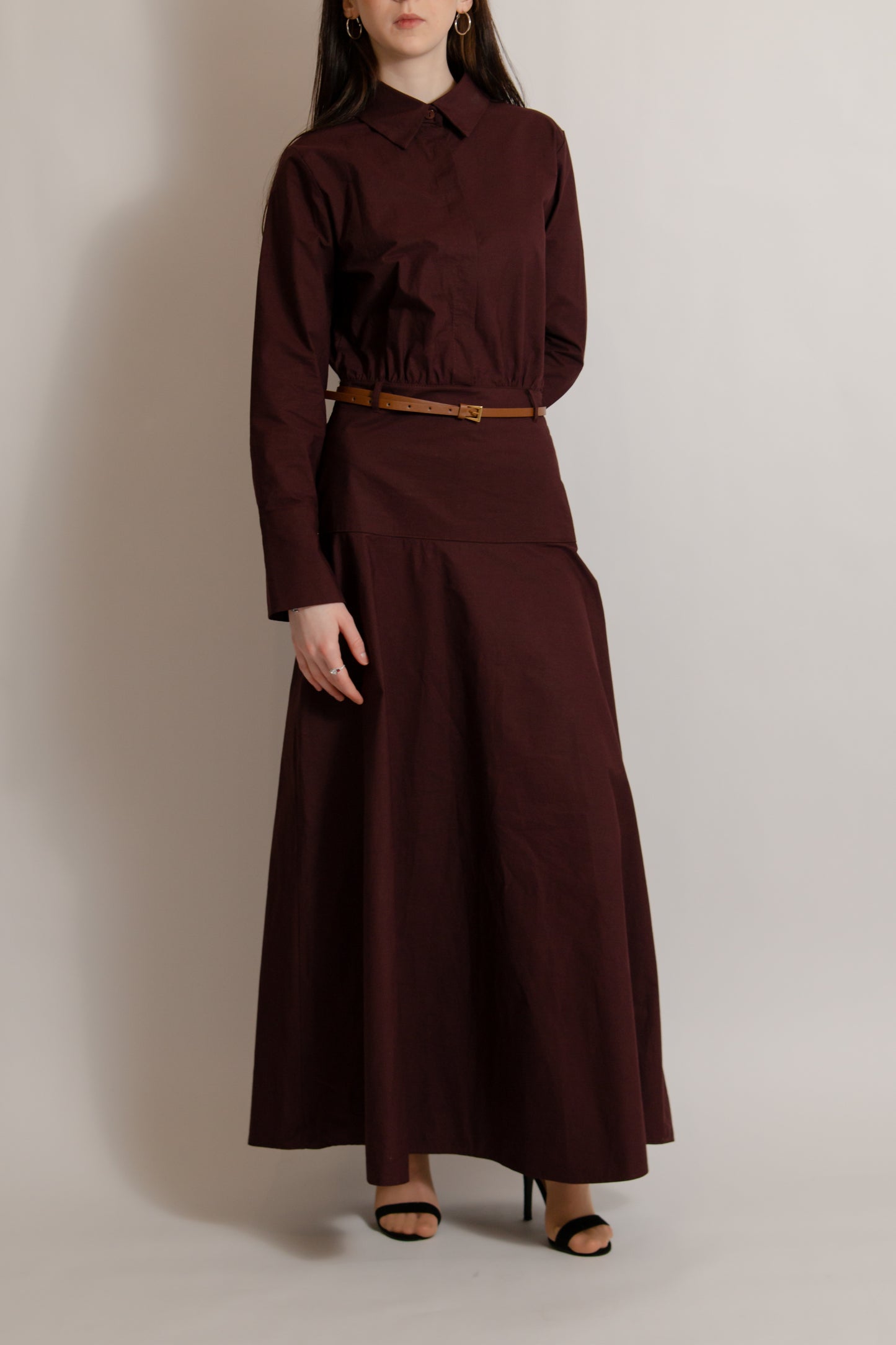 Cotton dress with belt burgundy