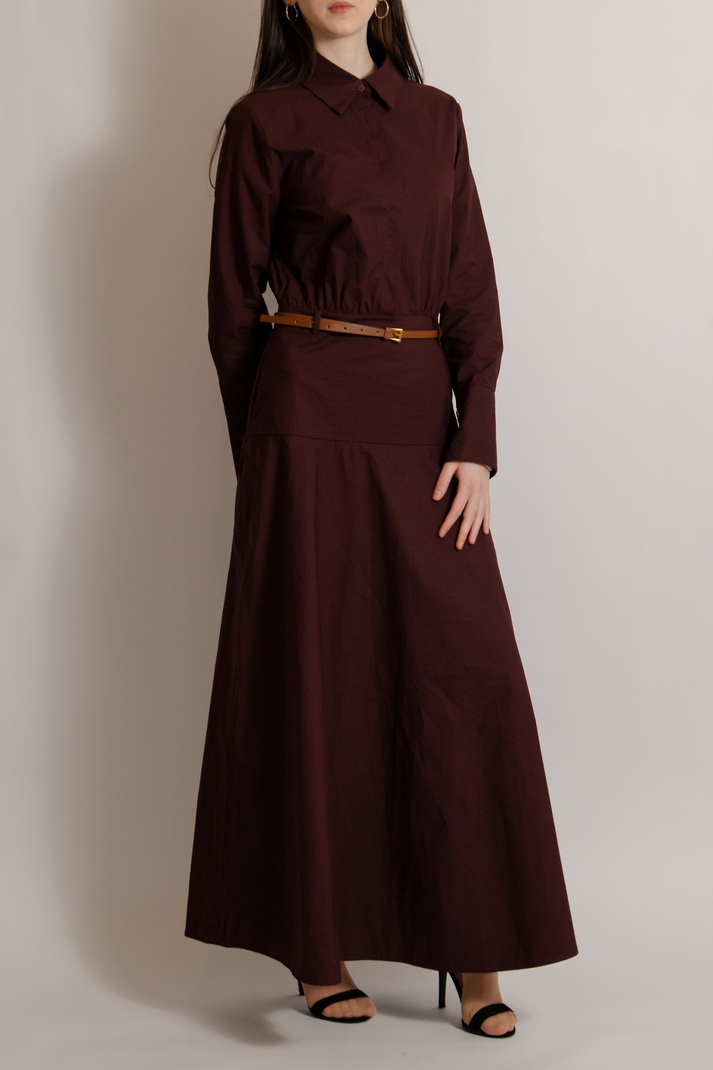 Cotton dress with belt burgundy