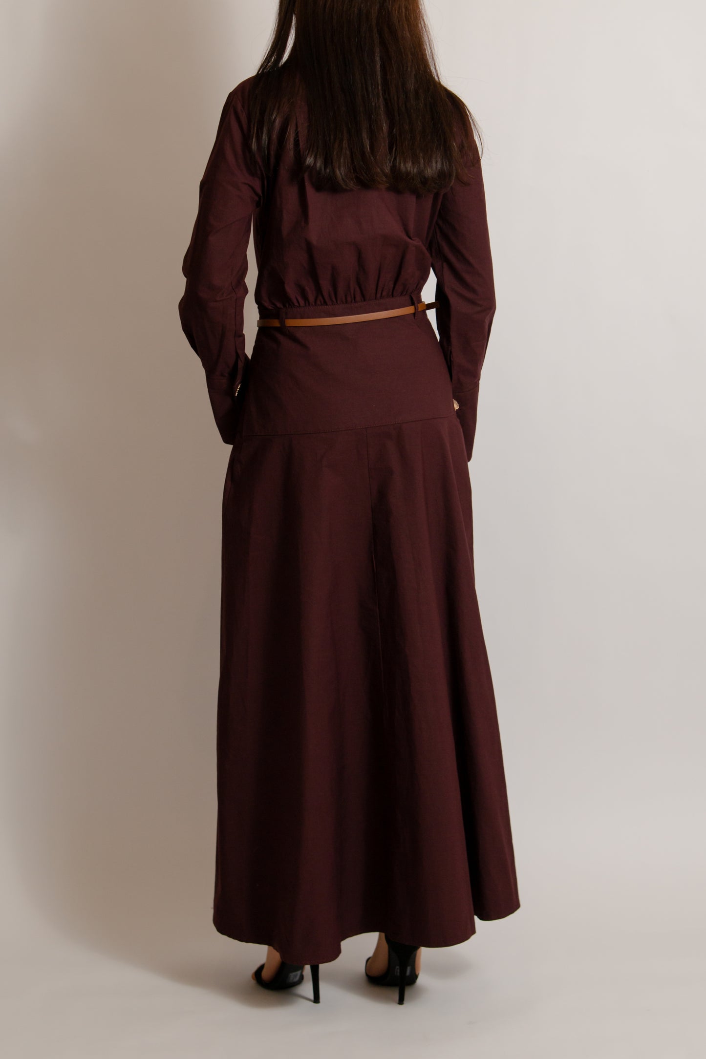 Cotton dress with belt burgundy