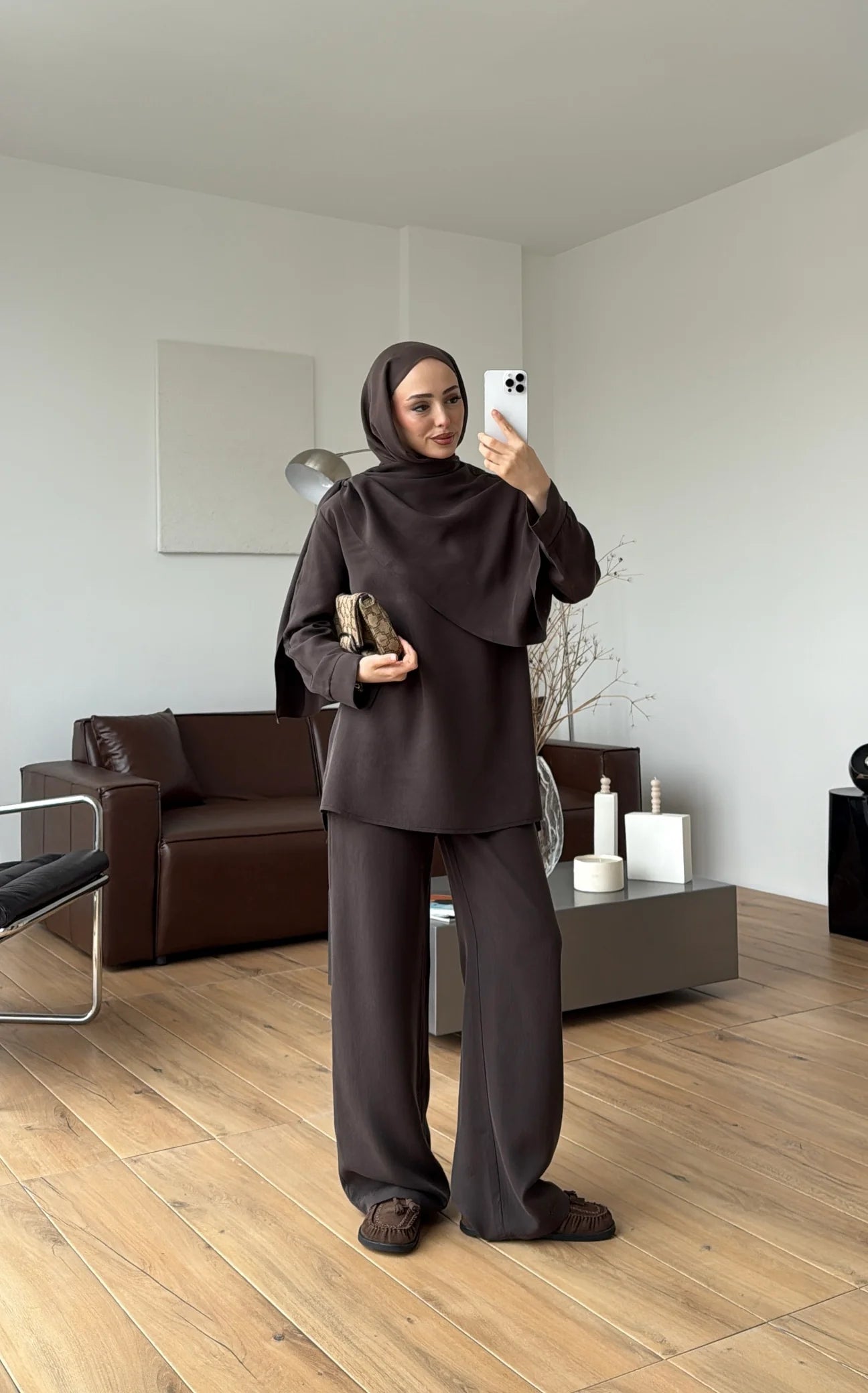 Draped neck blouse co-ord set brown