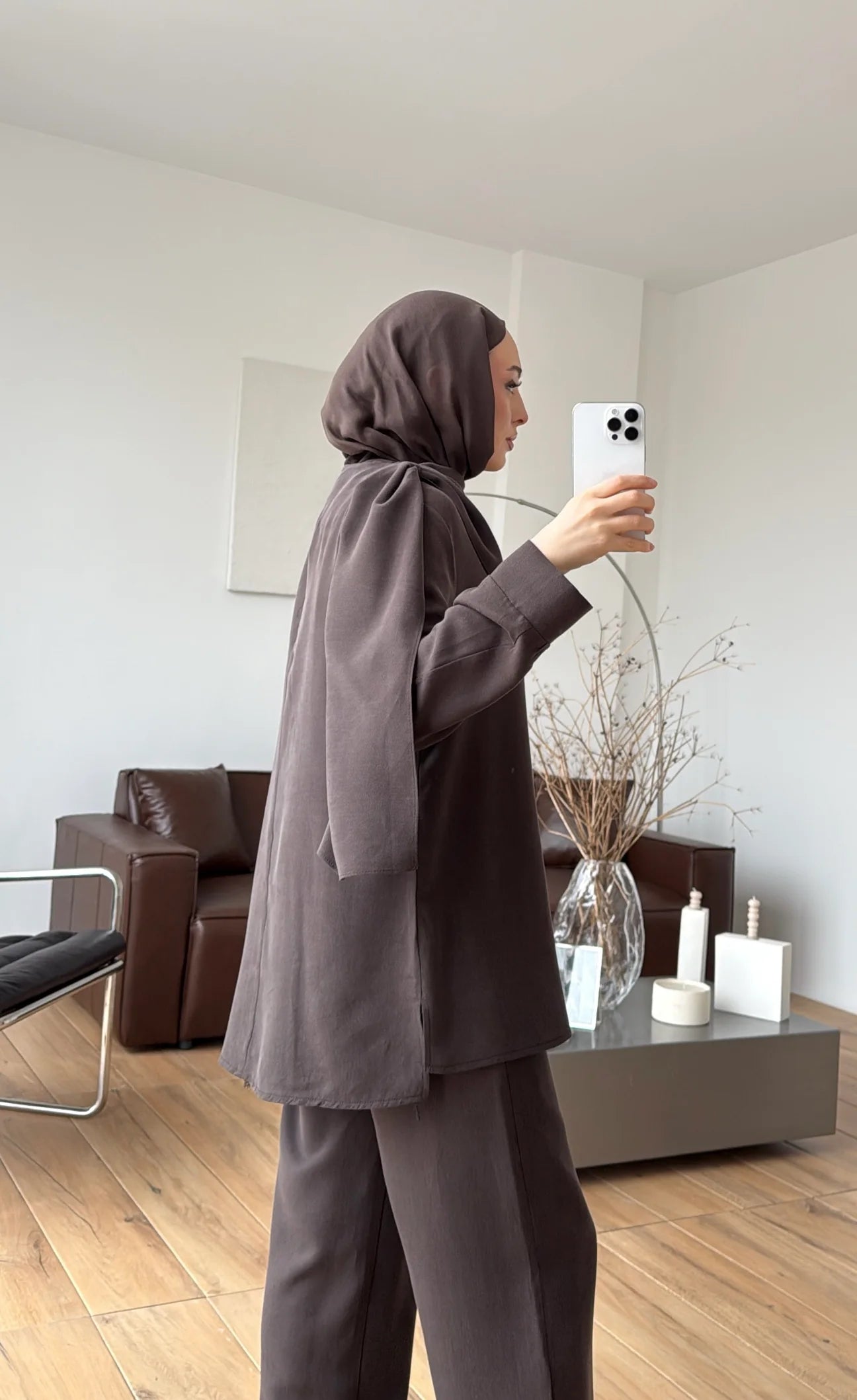 Draped neck blouse co-ord set brown