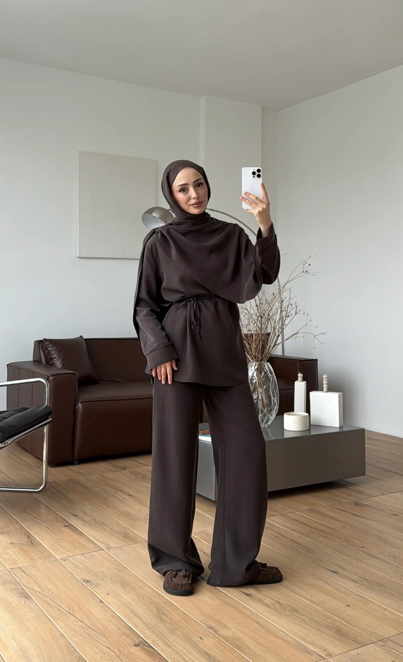 Draped neck blouse co-ord set brown