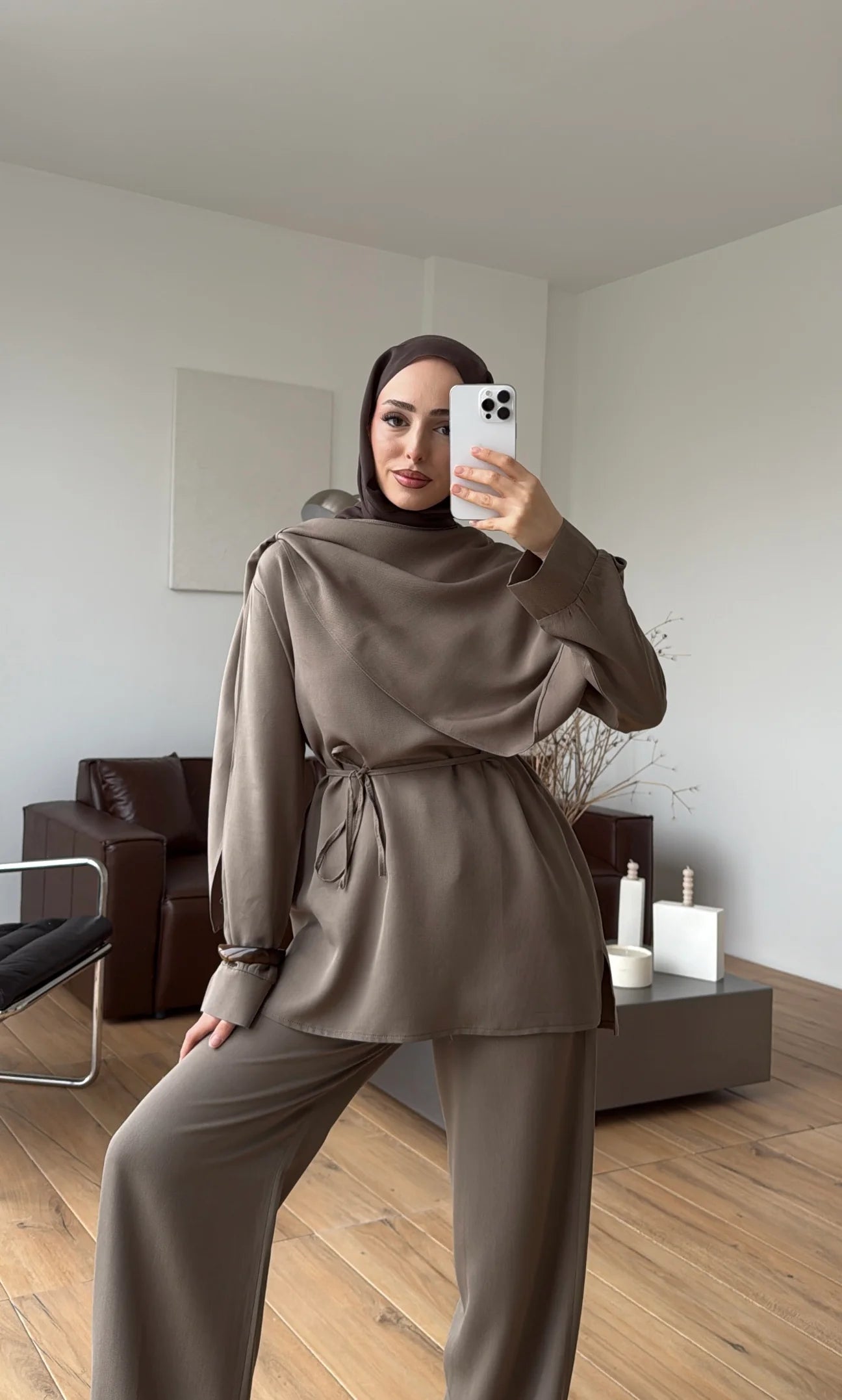 Draped neck blouse co-ord set taupe