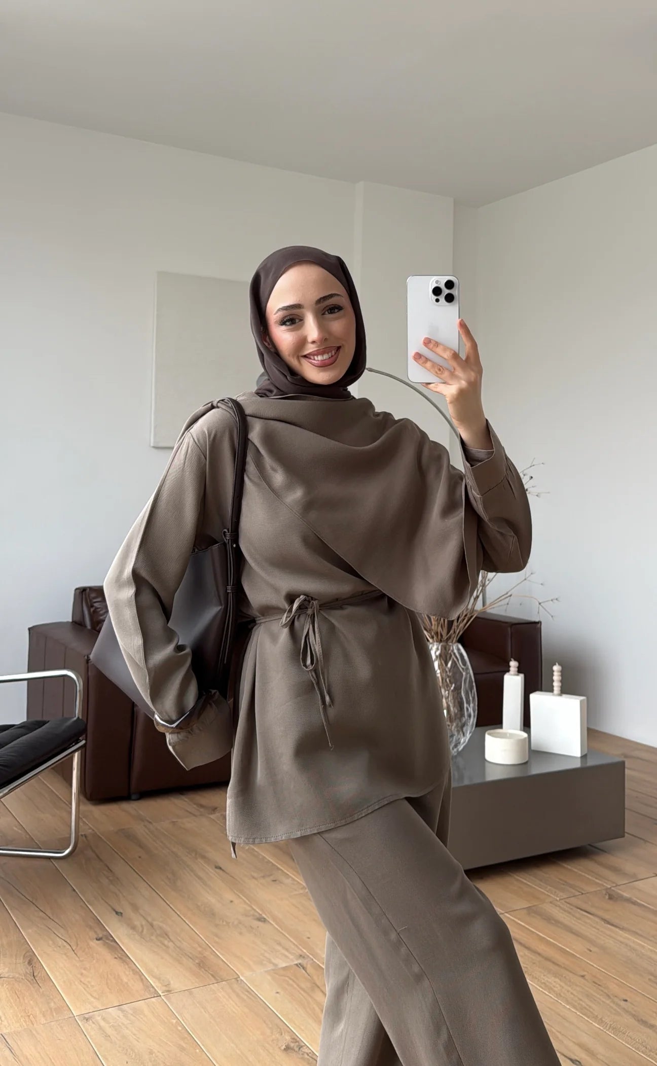Draped neck blouse co-ord set taupe