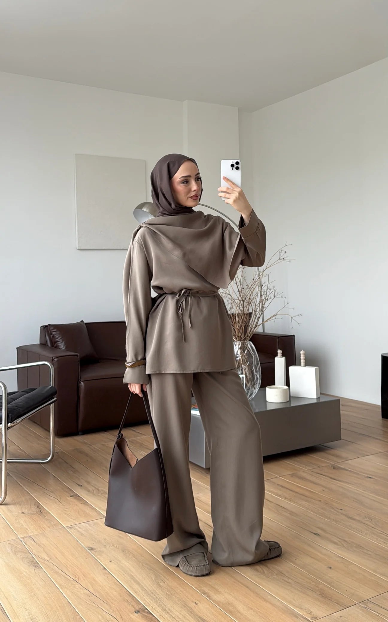 Draped neck blouse co-ord set taupe