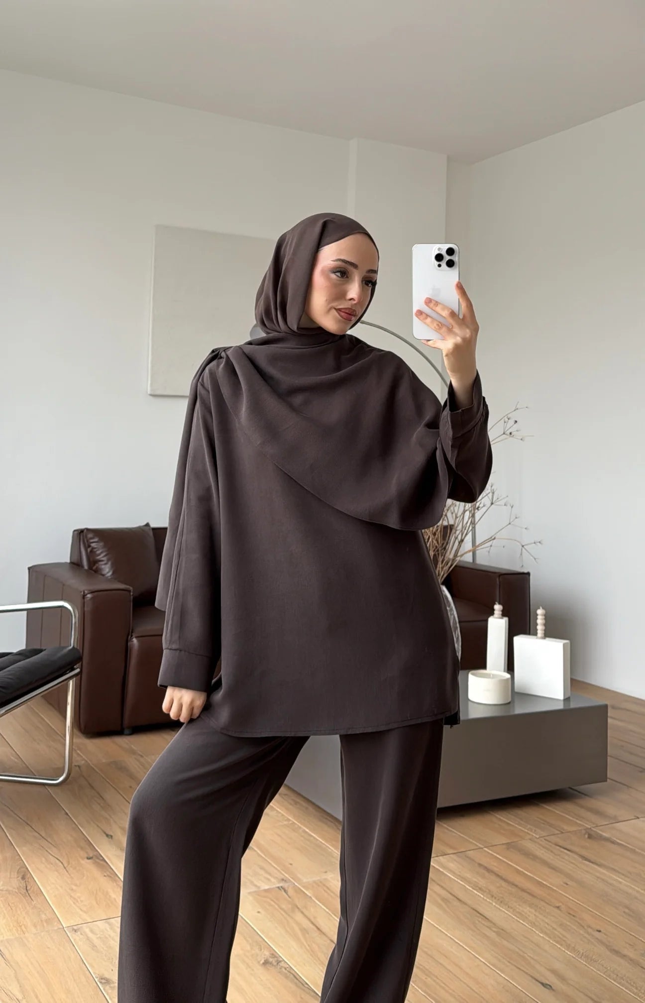 Draped neck blouse co-ord set brown