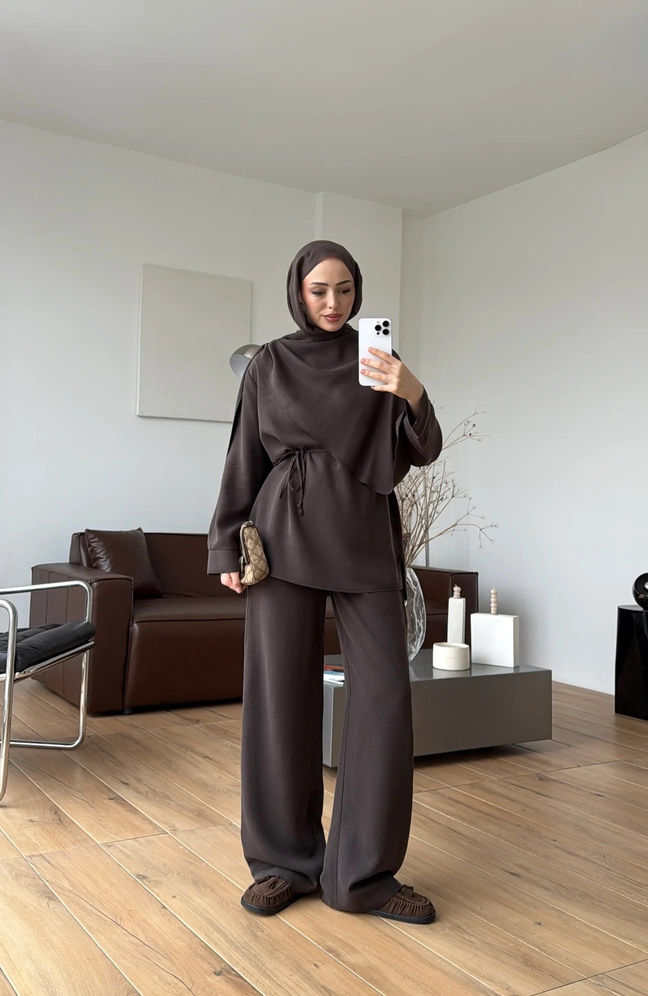 Draped neck blouse co-ord set brown