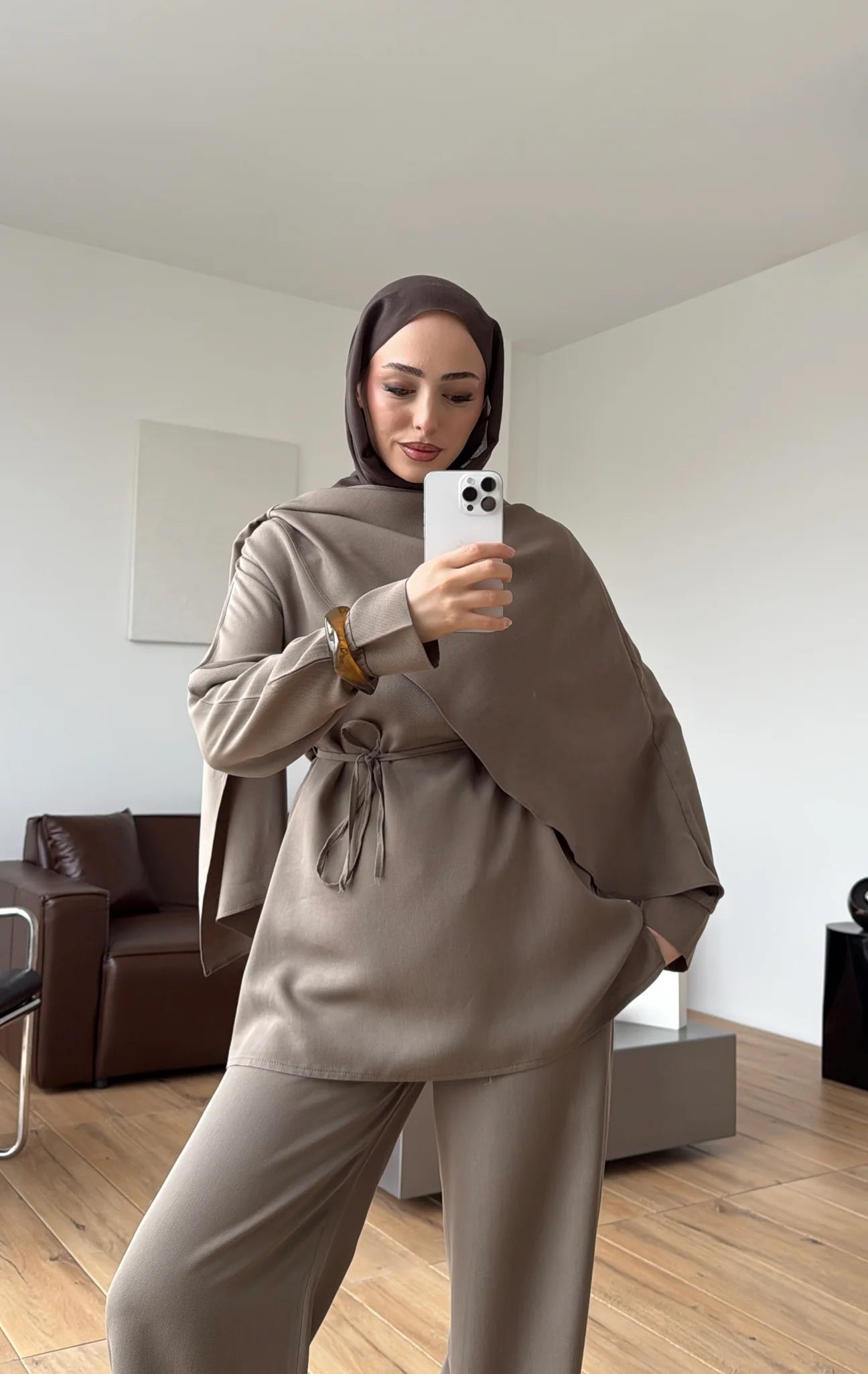 Draped neck blouse co-ord set taupe