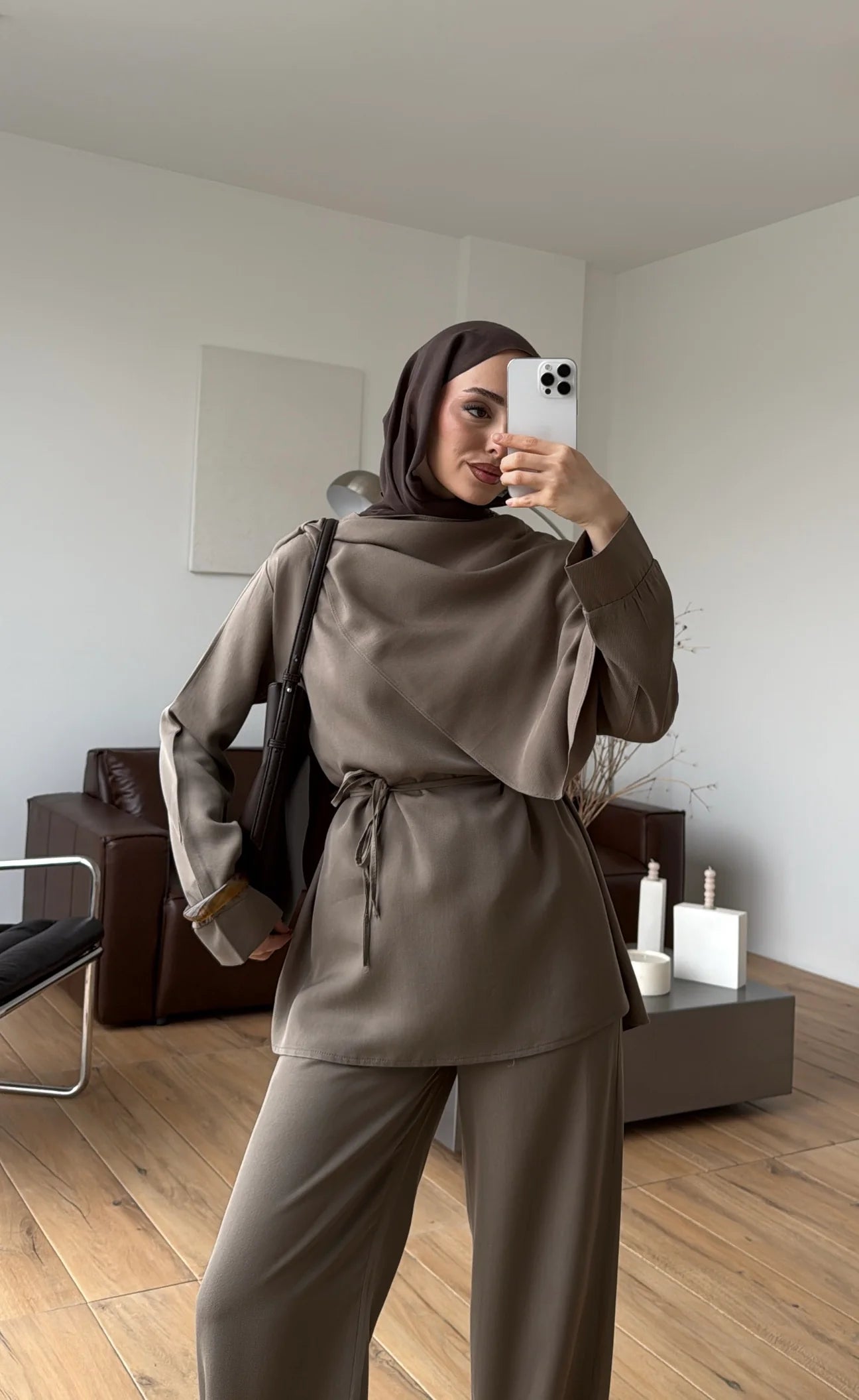Draped neck blouse co-ord set taupe