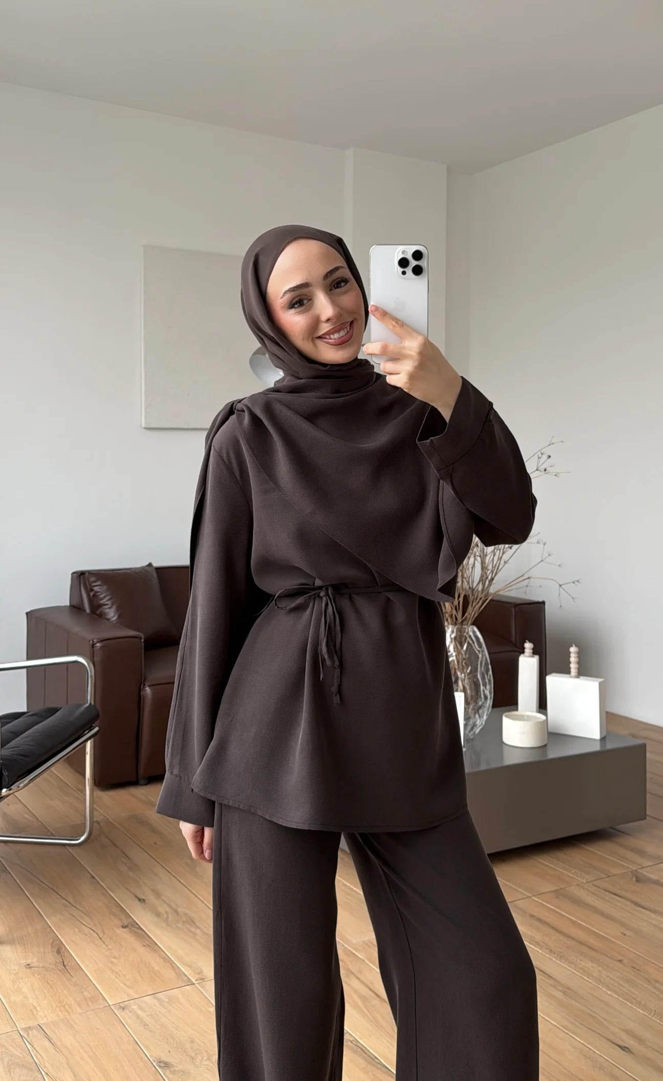 Draped neck blouse co-ord set brown