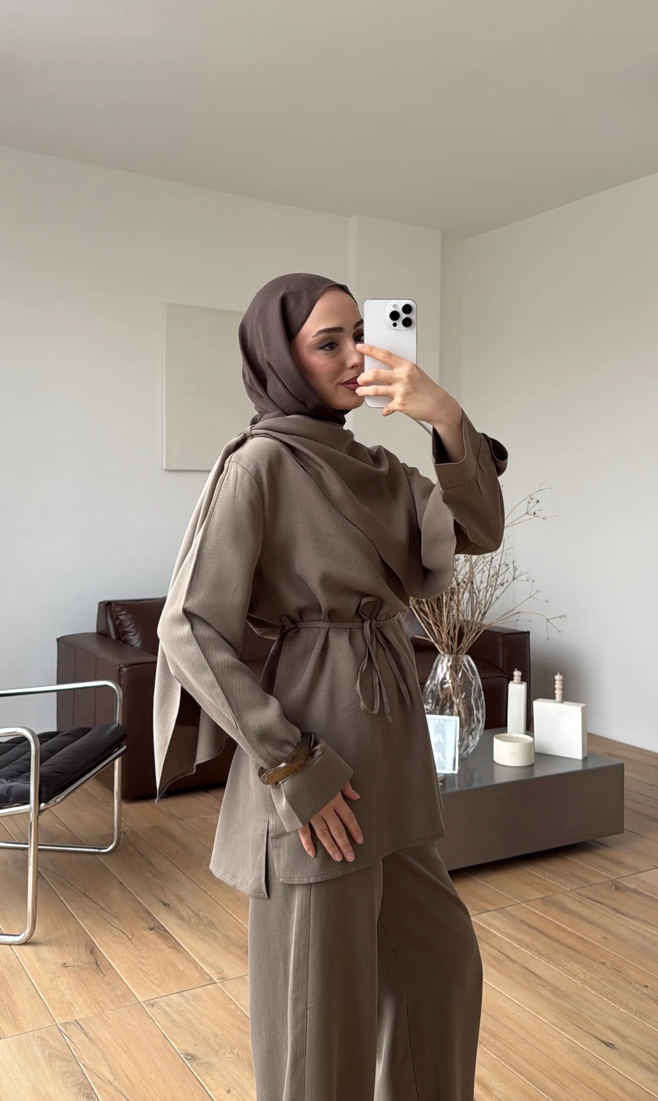Draped neck blouse co-ord set taupe