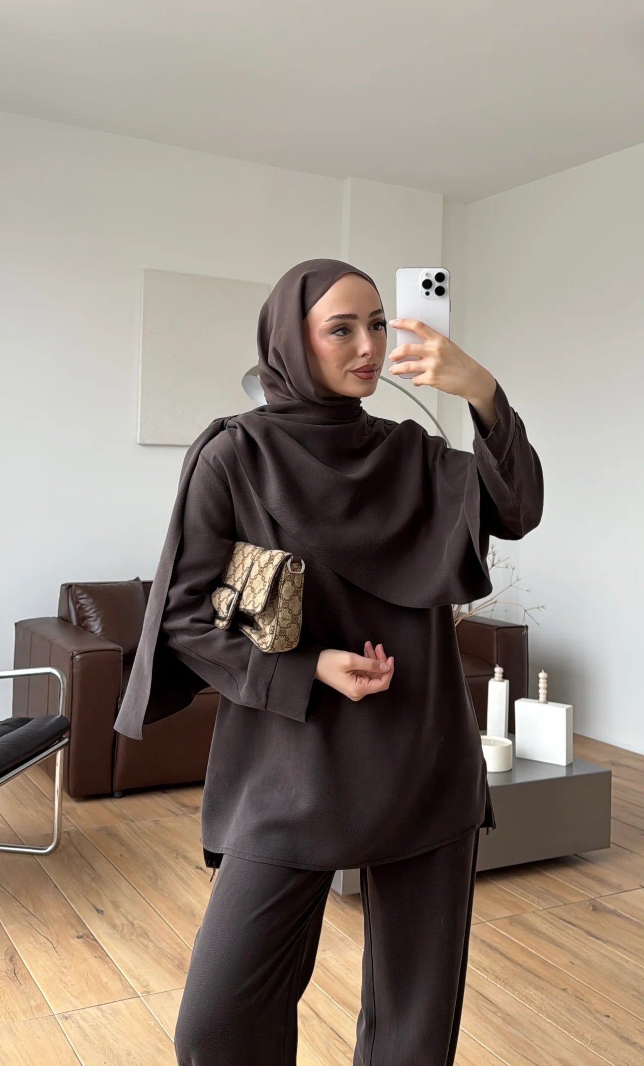 Draped neck blouse co-ord set brown