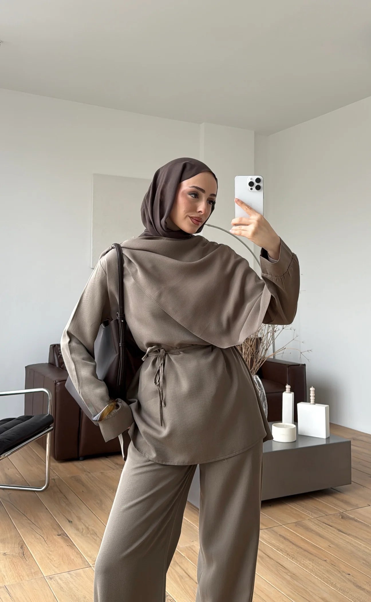 Draped neck blouse co-ord set taupe