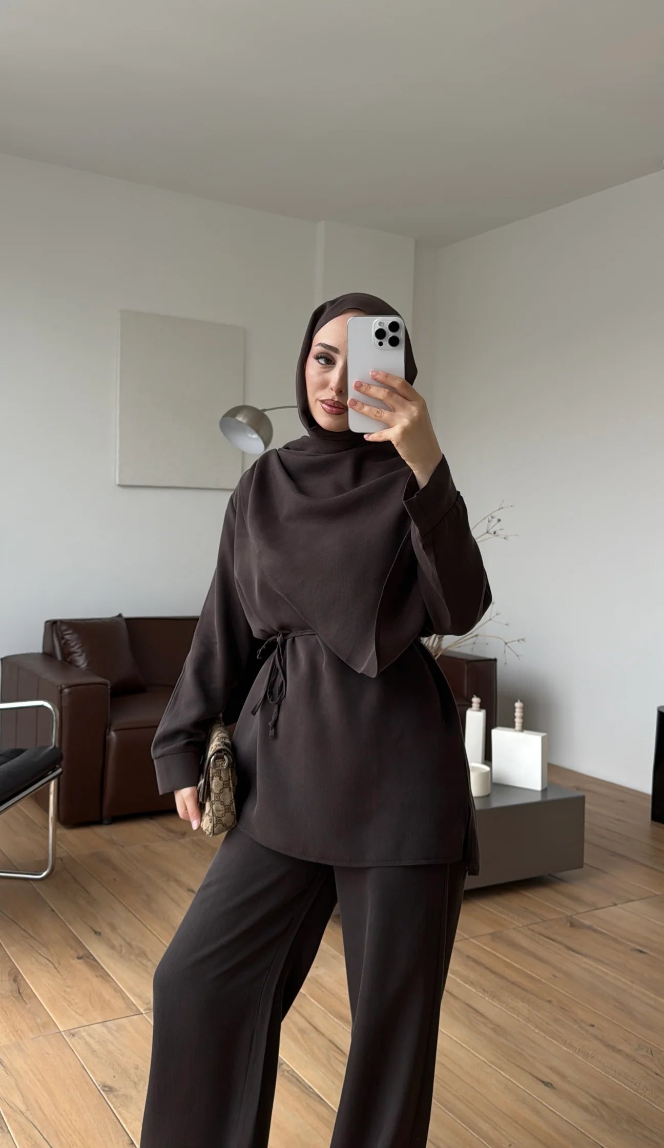 Draped neck blouse co-ord set brown