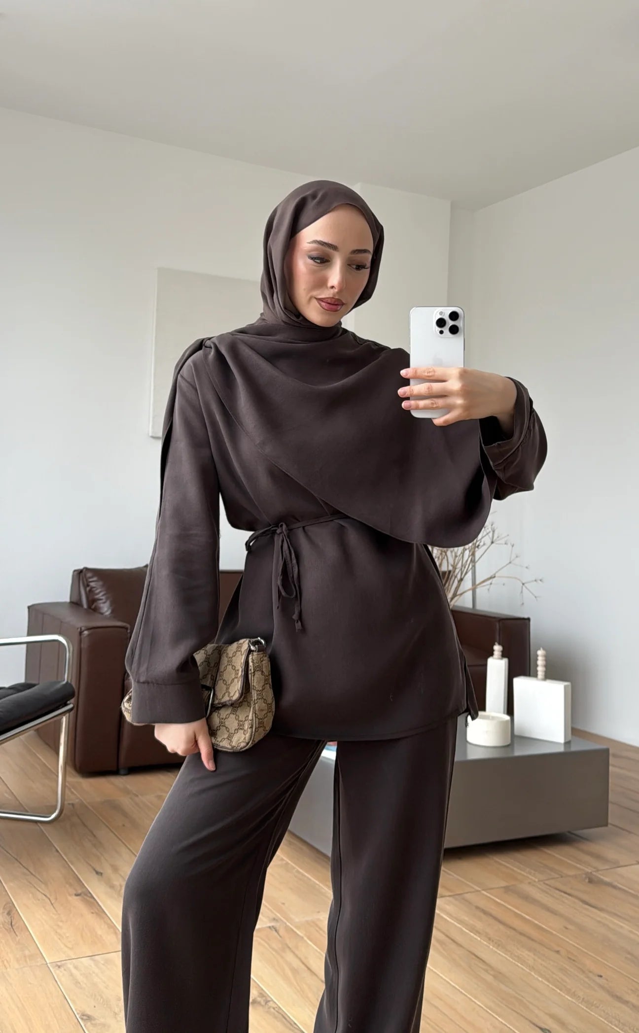 Draped neck blouse co-ord set brown