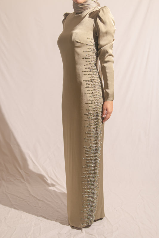 Olive embellished evening gown