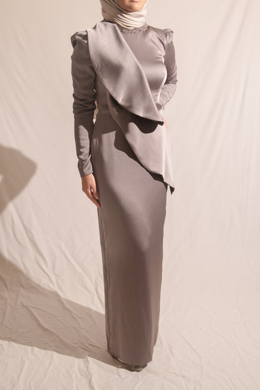 Draped taupe evening gown
