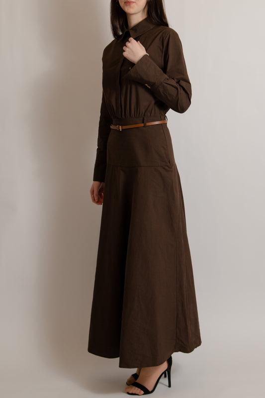 Cotton dress with belt brown