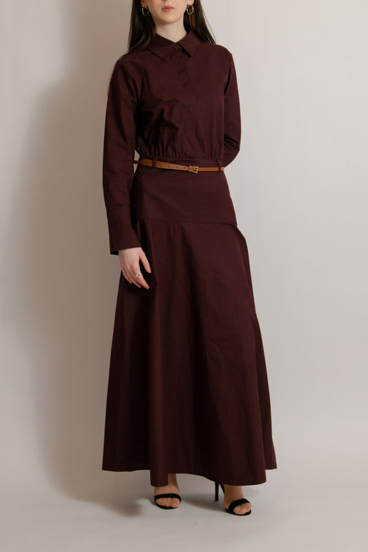 Cotton dress with belt burgundy