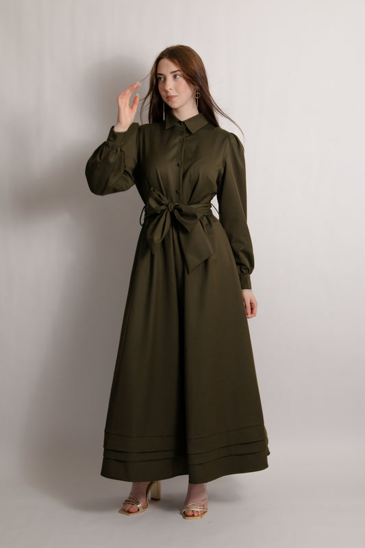 Belted dress with pintuck hem olive
